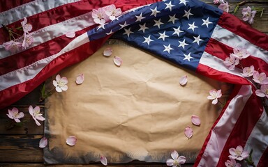 Paris, France ,Romantic Spring, American flag, cherry blossoms, vintage paper, rustic wood