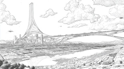 A grayscale cityscape panorama of a futuristic metropolis.