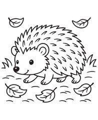Coloring book hedgehog walks through fallen autumn leaves in the grass.