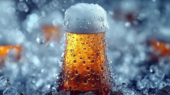 Cold beer bottle with foam in a splash of icy water.
