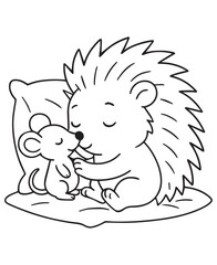 Coloring book hedgehog and a small mouse cuddle together peacefully on a pillow