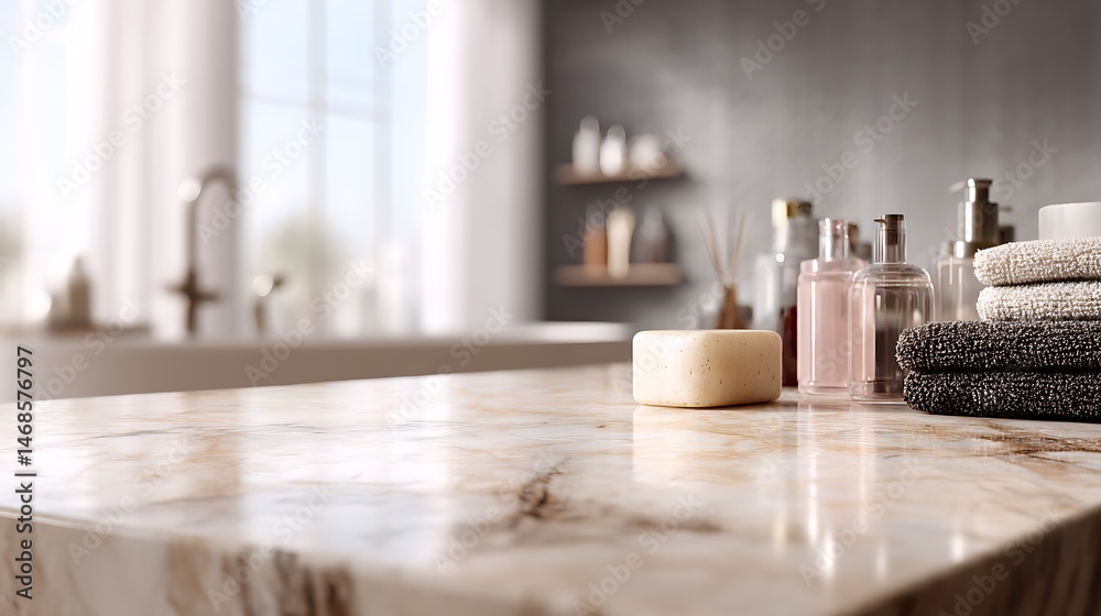 Poster marble table with blurred bathroom background for product display