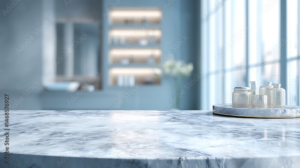 Poster marble table with blurred bathroom background for product display