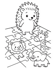 Coloring book hedgehog, lion, giraffe, and elephant stand on large puzzle pieces