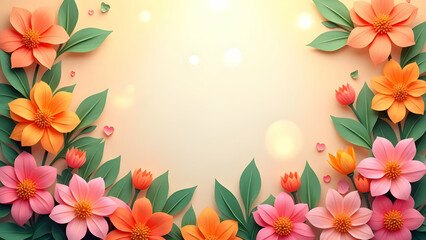 Naklejka premium Floral Frame with Vibrant Spring Flowers and Leaves Decoration