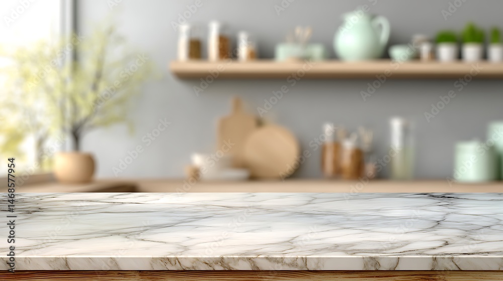 Poster Marble table with empty space, blurred kitchen background for product display and online advertising