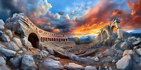 Fototapeta premium Stitched panoramic photorealistic image of ancient ruins mountain landscape sunset serenity