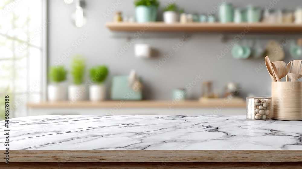 Poster Marble table with empty space, blurred kitchen background for product display and online advertising
