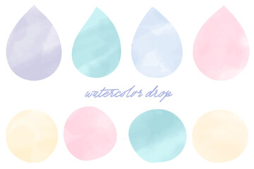 水彩テクスチャのパステルカラーの雫と水滴のイラストセット