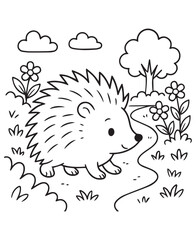 Coloring book hedgehog walks along a path in a sunny meadow with flowers and a tree.
