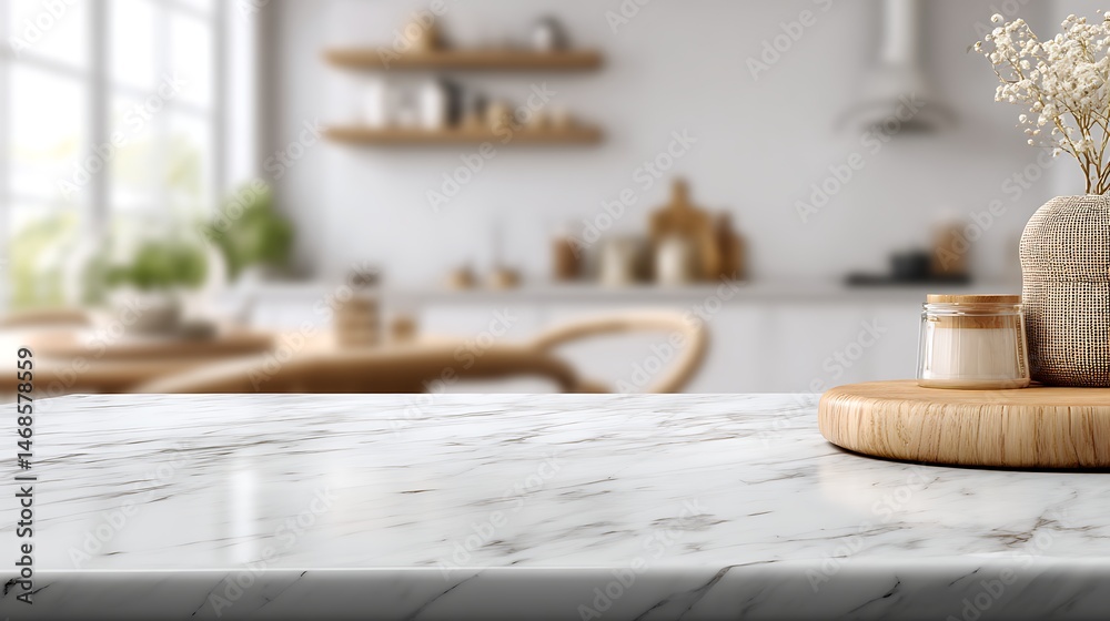 Poster marble table with empty space, blurred kitchen background for product display and online advertising