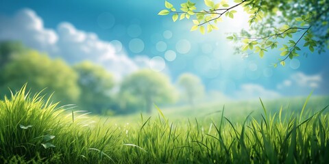 Obraz premium Lush Green Meadow Sunny Sky, Fresh Grass and Gentle Breeze, Spring , Nature
