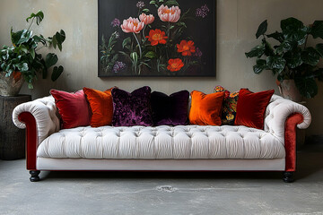 Elegant Red Velvet Sofa with Orange and Purple Pillows in a Room with Floral Painting