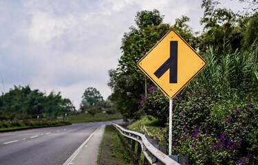 Señal de tránsito amarilla de incorporación vehicular en carretera rural, con vegetación...