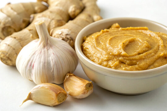 Fresh ginger and garlic with golden paste in bowl on white background