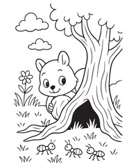 Coloring book squirrel peeks out from behind a tree trunk, watching three ants march by in a forest 
