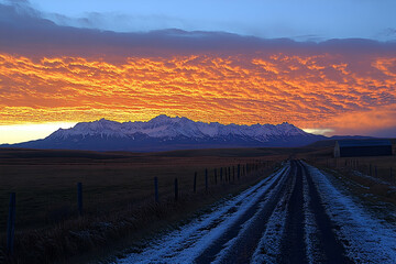 Fiery Sunset Over Snowcapped Mountains and a Rural Road