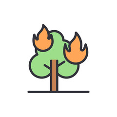 Stylized illustration of a tree engulfed in flames, evoking environmental disaster