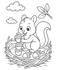 Coloring book  squirrel carefully stacks acorns in a cozy nest under fluffy clouds