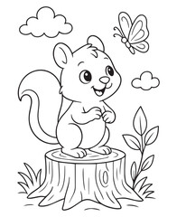 Coloring book squirrel stands on a tree stump, looking at a butterfly fluttering by under fluffy clouds