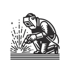 Welder Logo With Sparks, Welder Figure in Action, Vector Illustration