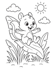 Coloring book squirrel joyfully slides down a large leaf in a sunny jungle setting with lush foliage 