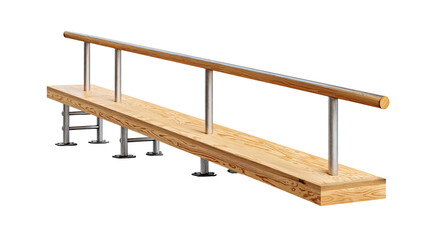 Wooden Bench with Handrails: A modern wooden bench with sleek steel handrails, providing a safe and stylish seating option, perfect for outdoor spaces.