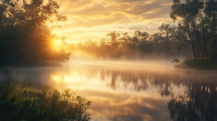 Fototapeta premium Serene sunrise over a misty river, golden light illuminating the tranquil landscape.