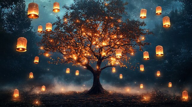Magical glowing tree surrounded floating lanterns mist rising from the ground cinematic fantasy scene