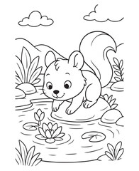 Coloring book squirrel curiously looks at a water lily in a pond surrounded by reeds