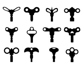 Wind up keys silhouette toy mechanisms collection isolated on white