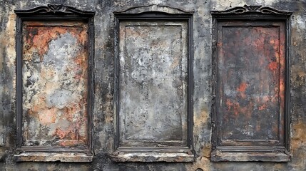 Three Aged Decorative Panel Facades with Weathered Textures and Faded Glory