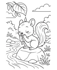 Coloring book squirrel sits on a rock by a flowing stream,