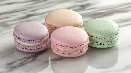 Colorful macarons in pastel shades (pink, mint, lavender) on a marble surface