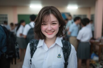 Fototapeta premium High School Student Portrait: Smiling Asian Girl in Uniform with Backpack, School Corridor Background, AI Generated