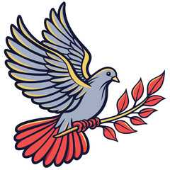 Obraz premium Illustration of a dove in flight carrying an olive branch on a white background