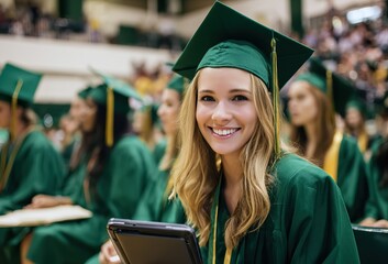 High school girl in green and white graduation gown and cap with tassel holding diploma, smiling at first high school graduation ceremony in indoor gymnasium.