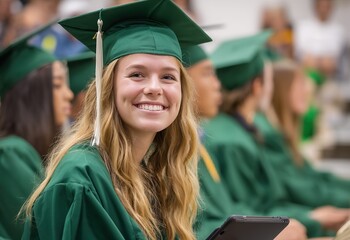 High school girl in green and white graduation gown and cap with tassel holding diploma, smiling at first high school graduation ceremony in indoor gymnasium.