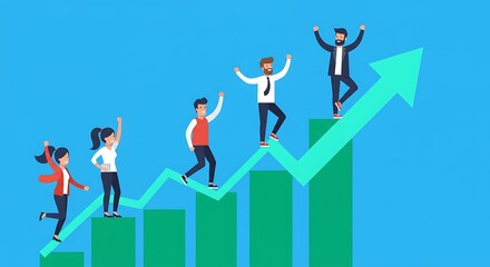 Team members climbing a rising graph representing success.