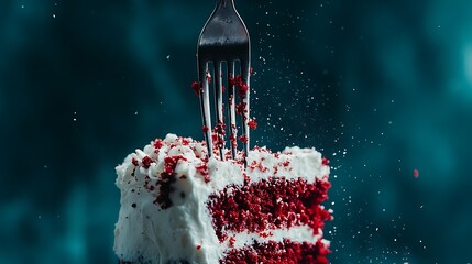 Macro of red velvet cake crumbs with cream cheese frosting swirls, vintage fork piercing the slice