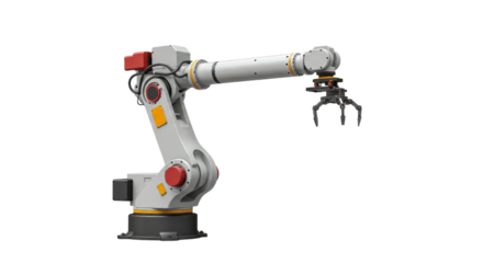 Industrial robot arm poised in darkness