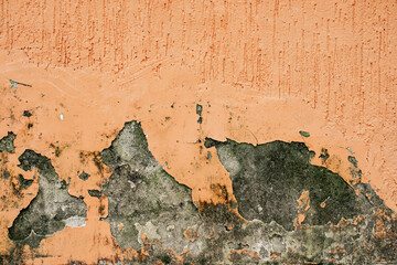 Textura de pared deteriorada con pintura naranja descascarada y moho - foto de stock