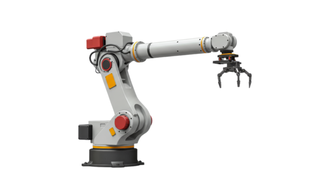 Industrial robot arm poised in darkness