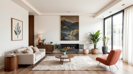 Fototapeta premium Cozy modern living room with a warm color palette, art on the wall, plants, and a comfortable sofa by the fireplace