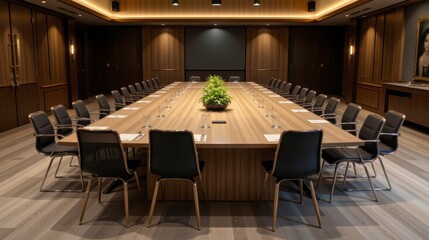Modern conference room with long wooden table and black chairs, elegant design, suitable for business meetings and presentations
