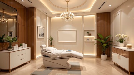Luxurious spa treatment room with modern design, tranquil atmosphere, soft lighting, and elegant decor for relaxation and rejuvenation