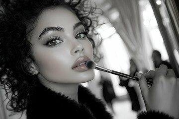 Obraz premium Glamorous Woman Applying Makeup with Brush in Monochrome Portrait
