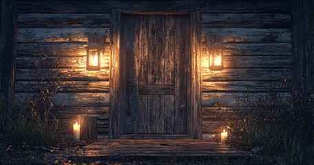 Fototapeta premium Rustic log cabin door entrance at night with candle lights