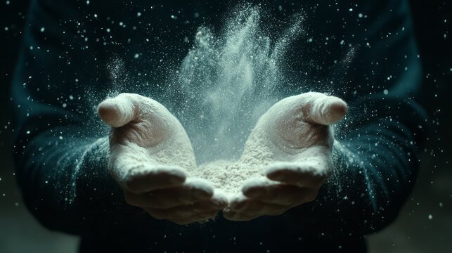 A close-up view of hands holding and releasing white powder.