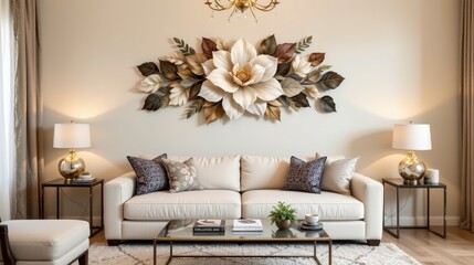Elegant living room interior design with large floral wall art, cozy couch, and stylish decor in soft neutral tones